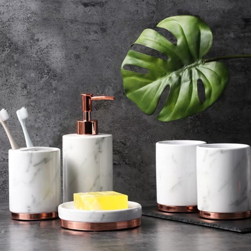 台灣現貨❤︎北歐陶瓷大理石紋玫瑰金乳液瓶  漱口杯 分裝瓶 陶瓷盥洗組 牙刷杯 香皂盤 沐浴瓶「有感選物」-細節圖2