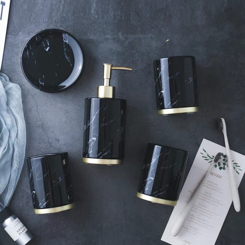 台灣現貨❤︎北歐陶瓷大理石紋玫瑰金乳液瓶  漱口杯 分裝瓶 陶瓷盥洗組 牙刷杯 香皂盤 沐浴瓶「有感選物」-細節圖5