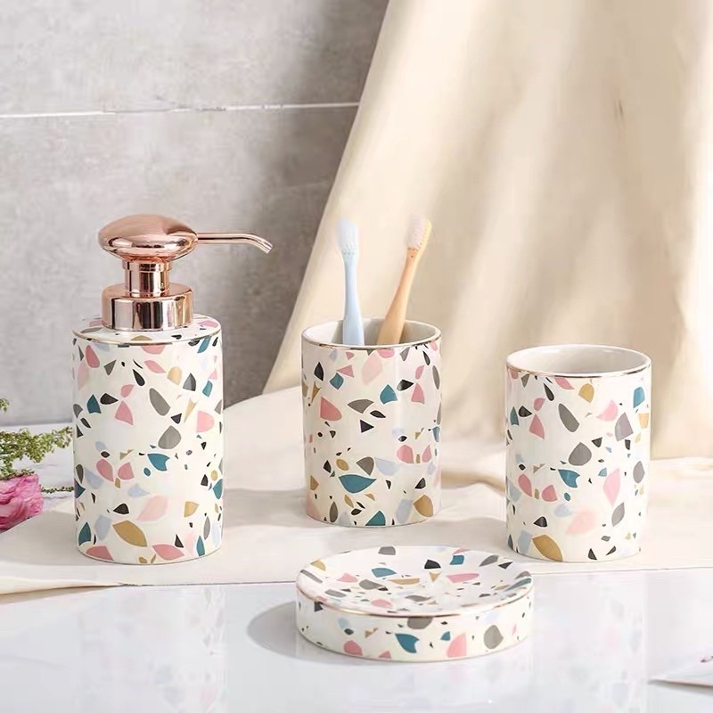 台灣現貨❤︎北歐陶瓷大理石紋玫瑰金乳液瓶  漱口杯 分裝瓶 陶瓷盥洗組 牙刷杯 香皂盤 沐浴瓶「有感選物」-細節圖8