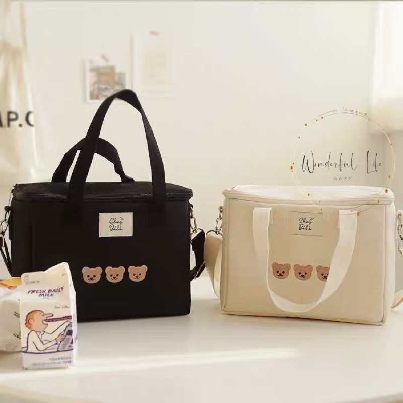 台灣現貨❤︎小熊刺繡多功能加厚媽媽包保溫袋 推車包 野餐包 母嬰包 便當袋「有感選物」-細節圖2