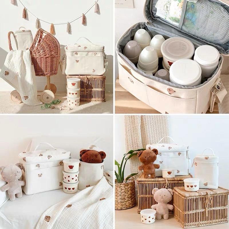 台灣現貨❤︎小熊刺繡多功能加厚媽媽包保溫袋 推車包 野餐包 母嬰包 便當袋「有感選物」-細節圖4