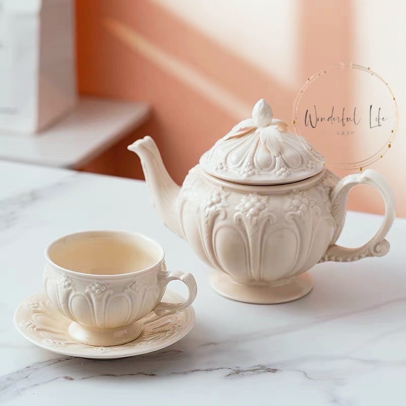 台灣現貨❤︎歐式浮雕陶瓷茶壺茶杯組 下午茶茶壺組 泡茶組 奶茶杯「有感選物」