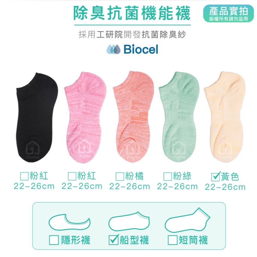 現貨｜MIT抗菌除臭機能船型襪-黃色｜工研院Biocel/台灣製造/抗菌/除臭/透氣/船型/棉襪/襪子【1home】-細節圖5