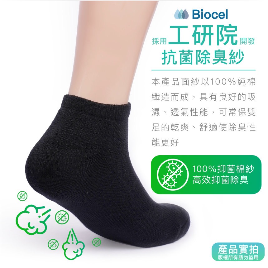 MIT抗菌除臭機能船型襪-黑色｜工研院Biocel/台灣製造/除臭/抗菌/透氣/船型/棉襪/襪子【1home】-細節圖2