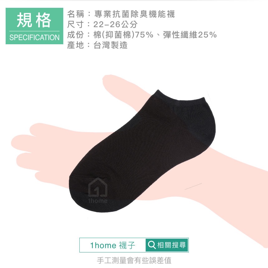 MIT抗菌除臭機能船型襪-黑色｜工研院Biocel/台灣製造/除臭/抗菌/透氣/船型/棉襪/襪子【1home】-細節圖7