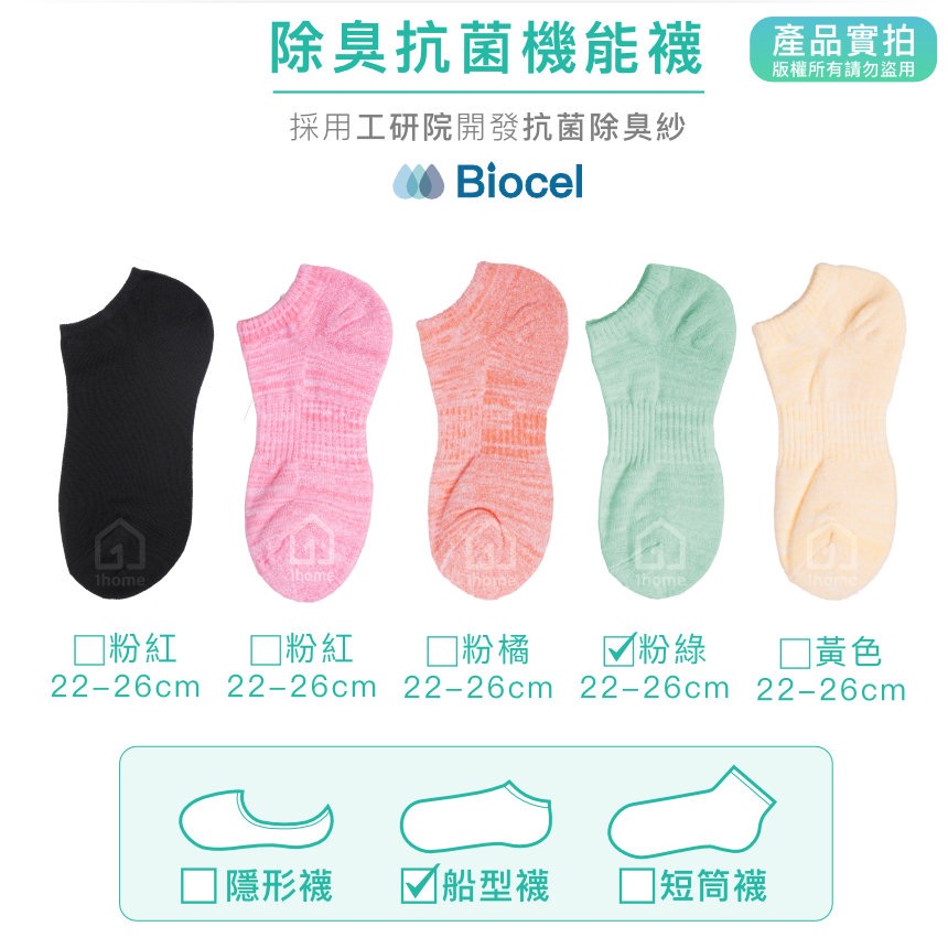 現貨｜MIT抗菌除臭機能船型襪-粉綠｜工研院Biocel/台灣製造/抗菌/除臭/透氣/船型/棉襪/襪子【1home】-細節圖5