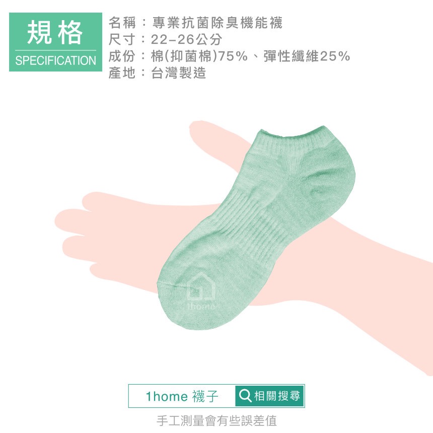 現貨｜MIT抗菌除臭機能船型襪-粉綠｜工研院Biocel/台灣製造/抗菌/除臭/透氣/船型/棉襪/襪子【1home】-細節圖7
