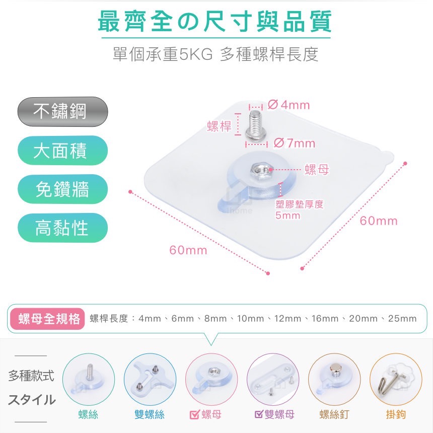 20mm不鏽鋼螺母無痕貼+圓頭螺絲｜螺絲/免釘牆壁/妙妙貼/無痕掛勾/掛鉤/防鏽/防水/無痕貼【1home】-細節圖3