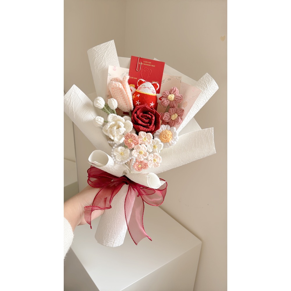 現貨 𓆩♡𓆪 新春/開幕推薦  招財貓 精品玫瑰 勿忘我 雛菊 鬱金香 茉莉 泡芙花花束-細節圖2