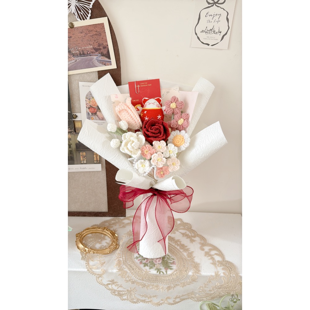 現貨 𓆩♡𓆪 新春/開幕推薦  招財貓 精品玫瑰 勿忘我 雛菊 鬱金香 茉莉 泡芙花花束-細節圖7