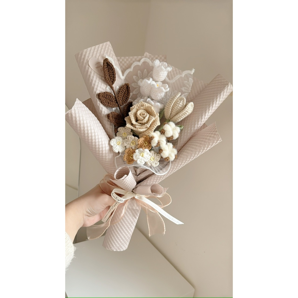 精品玫瑰 棉花 勿忘我 葉子 鈴蘭 鬱金香花束-細節圖2