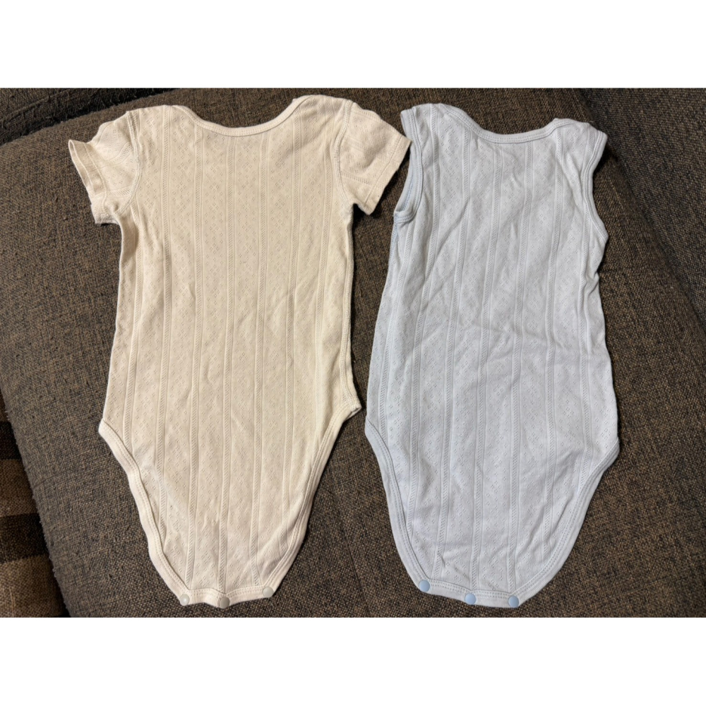 (二手) lativ 透氣純棉網眼洞洞短袖包屁衣 米色 灰色(80cm) 男寶 女寶 中性-細節圖2