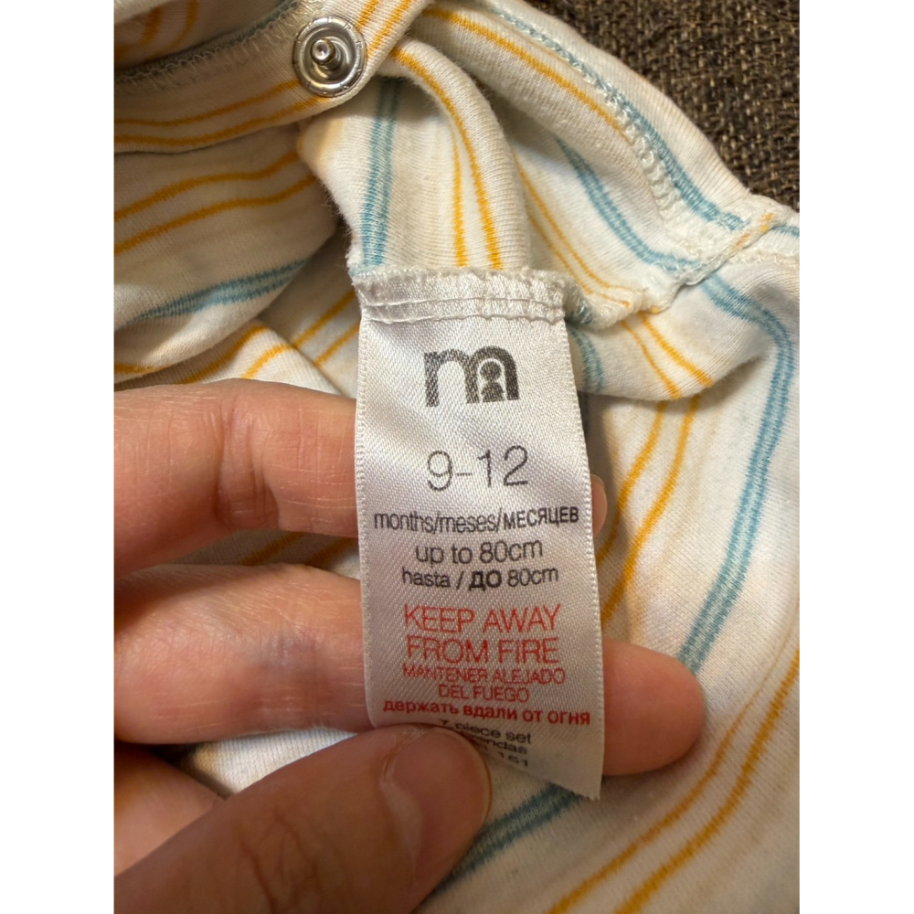 (二手微汙) mothercare 藍黃細條紋短袖包屁衣 (9-12M/80cm) 男寶 女寶 中性-細節圖3