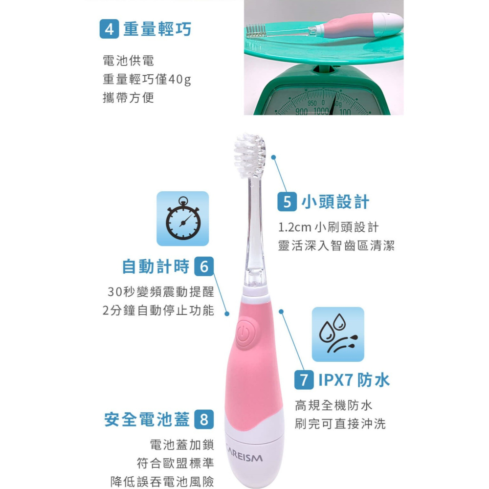 現貨✅CAREISM兒童電動牙刷 貝殼綠/櫻花粉 替換刷頭-細節圖7