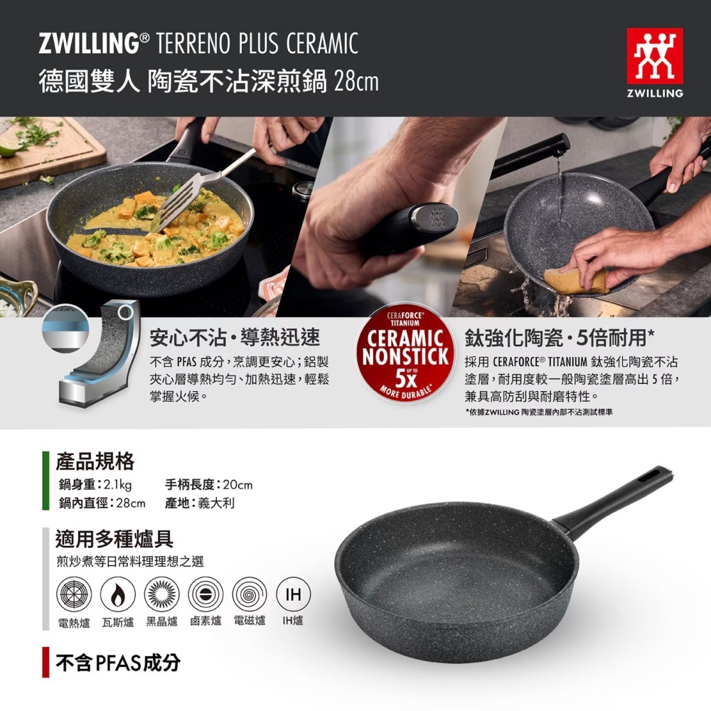 現貨✅德國雙人 陶瓷不沾深煎鍋28cm TERRENO PLUS系列 ZWILLING-細節圖2