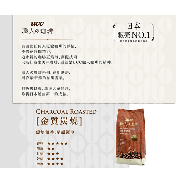 UCC職人咖啡豆-金質炭燒400g (UCC職人の珈琲豆)(UCC 冷泡拿鐵15g*8入/香醇燕麥拿鐵23g*8入-細節圖3