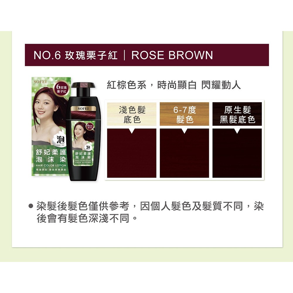 SOFEI舒妃 柔護泡沫染髮液 NO.6玫瑰栗子紅320ml-細節圖7