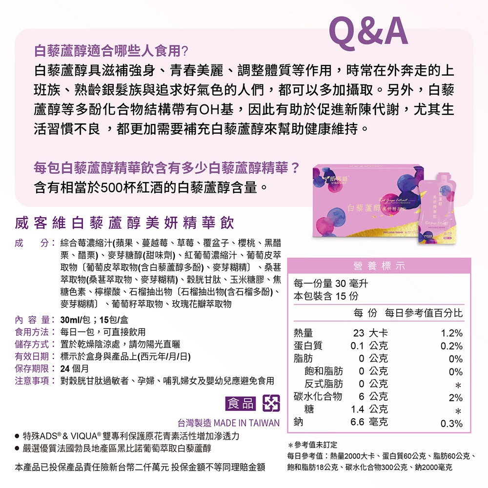 威客維 白藜蘆醇美妍精華飲30mlx15包*1【贈】東華堂 澎潤姬冰雪莓果膠原胜肽活妍素5gx20包*1-細節圖5