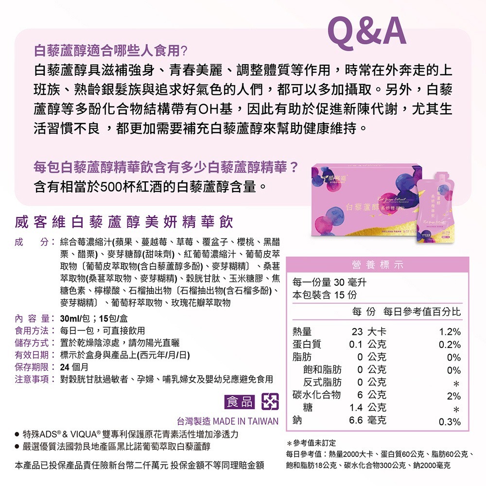 威客維 白藜蘆醇美妍精華飲30mlx15包*1【贈】三五生技 COLLAFULL EX膠原水水飲50mlx8包*2-細節圖7