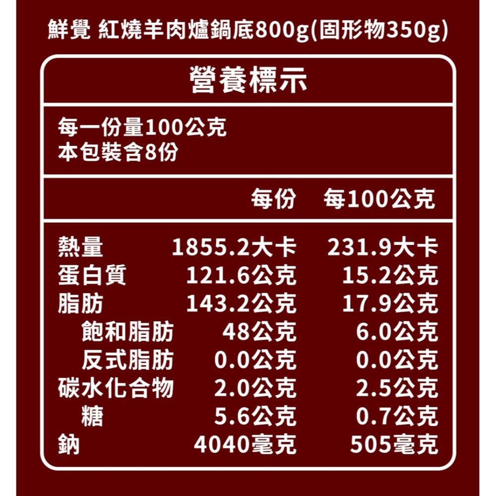 鮮覺 紅燒羊肉爐鍋底800g(固形物350g)*1【贈】鮮覺 麻辣鴨血豆腐煲400g(袋裝，固形物200g±10)*1-細節圖6