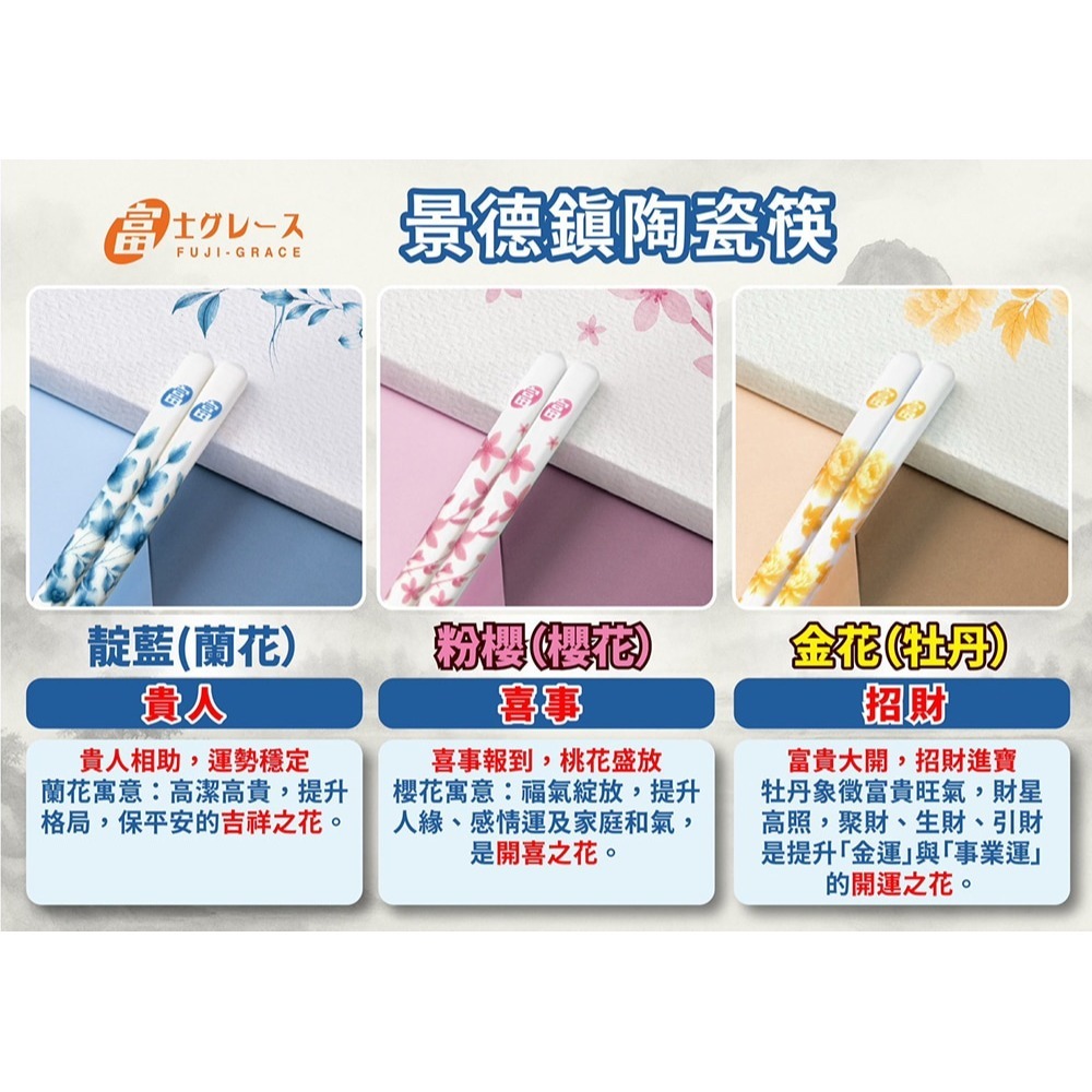 FUJI-GRACE 富士雅麗 陶瓷筷禮盒組(五雙入)*1 (粉櫻/靛藍 任選)-細節圖6