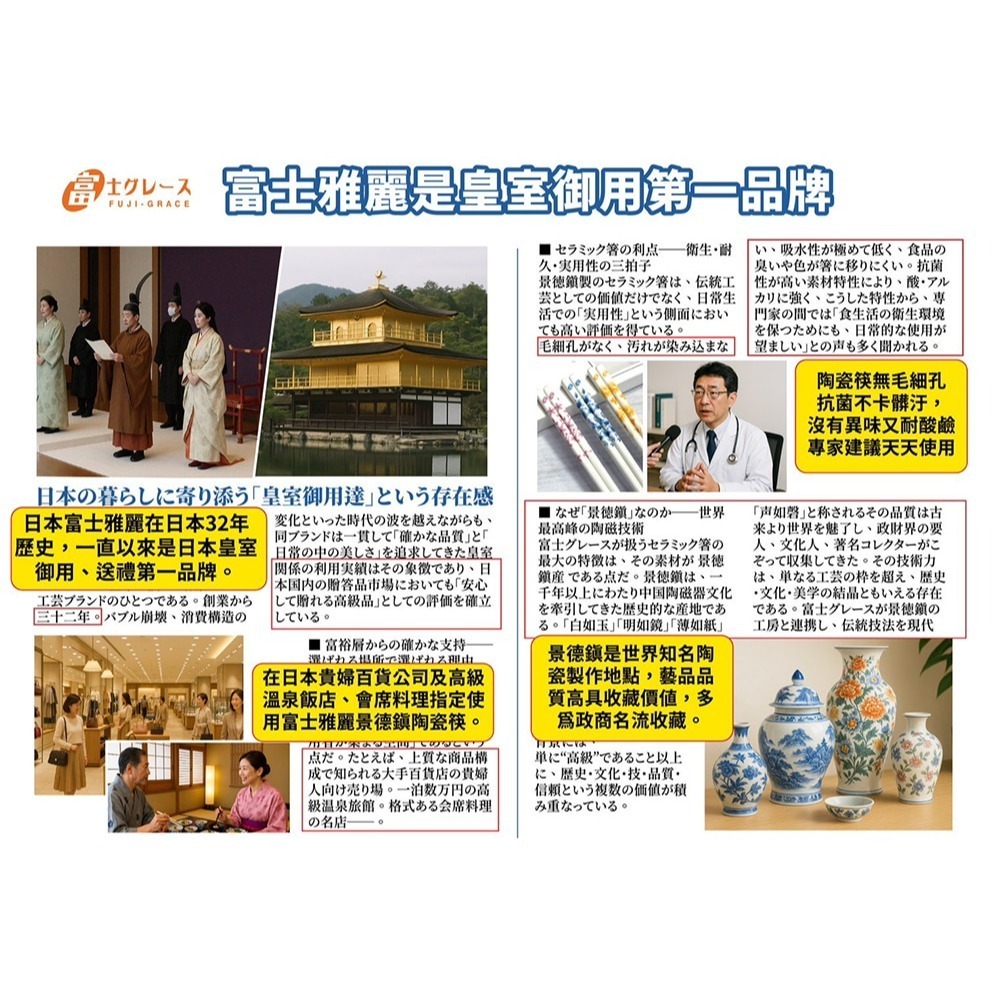 FUJI-GRACE 富士雅麗 陶瓷筷禮盒組(五雙入)*1 (金花/粉櫻/靛藍 顏色任選)-細節圖3