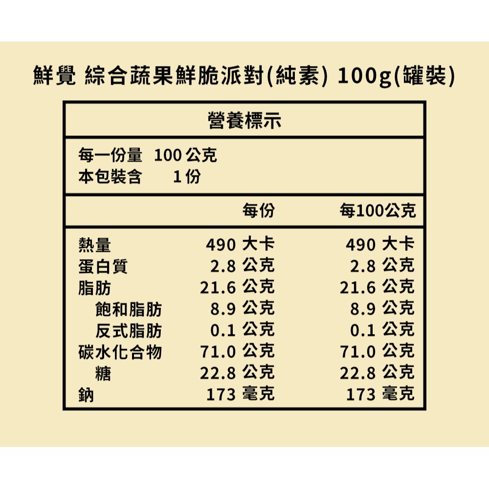 鮮覺 綜合蔬果鮮脆派對(純素)100g(罐裝)*1 效期2026.08.10【贈】18號果園 燕巢紅心芭樂乾100g*1-細節圖6