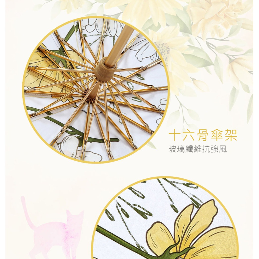 日本Hirone 彩膠晴雨傘兩入組(剪耳貓+黃雛菊)*1【贈】舒妃自然匯 綠咖啡緊緻白皙沐浴乳500ml*2-細節圖3