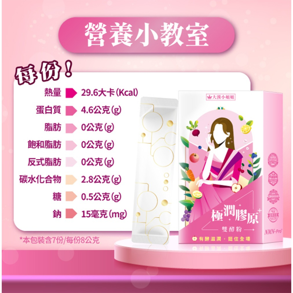 大漢小姐姐 極潤膠原雙酵粉8gx7包*1【贈】sunVenus 青春平整高濃度美容精華液 PLUS+10ml*1-細節圖4