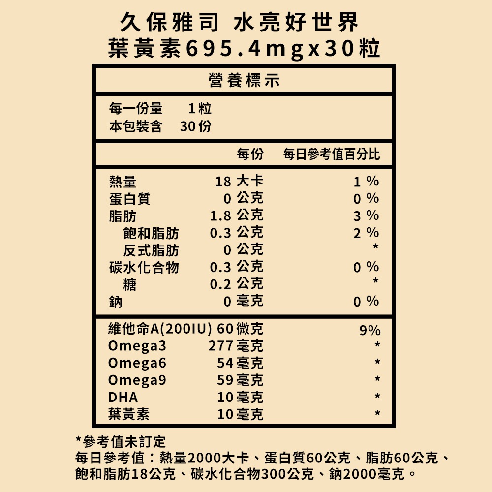 久保雅司 水亮好世界 葉黃素 695.4mgx30粒*1【贈】露天 漢方蒸氣熱敷眼罩5入*2 (洋甘菊+人參 各1)-細節圖6
