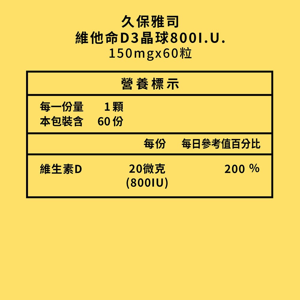 久保雅司 維他命D3晶球800I.U. 150mgx60粒*2【贈】舒妃自然匯InNature 綠咖啡緊緻白皙沐浴乳*1-細節圖7