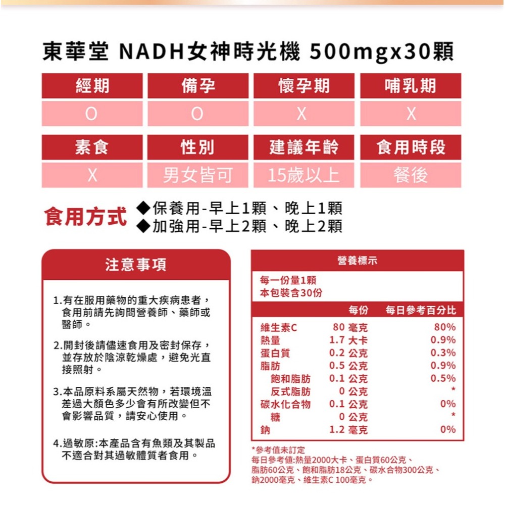 東華堂 NADH女神時光機 500mgx30顆*2【贈】威客維 醇萃活鐵補精15mlx10入*1-細節圖6