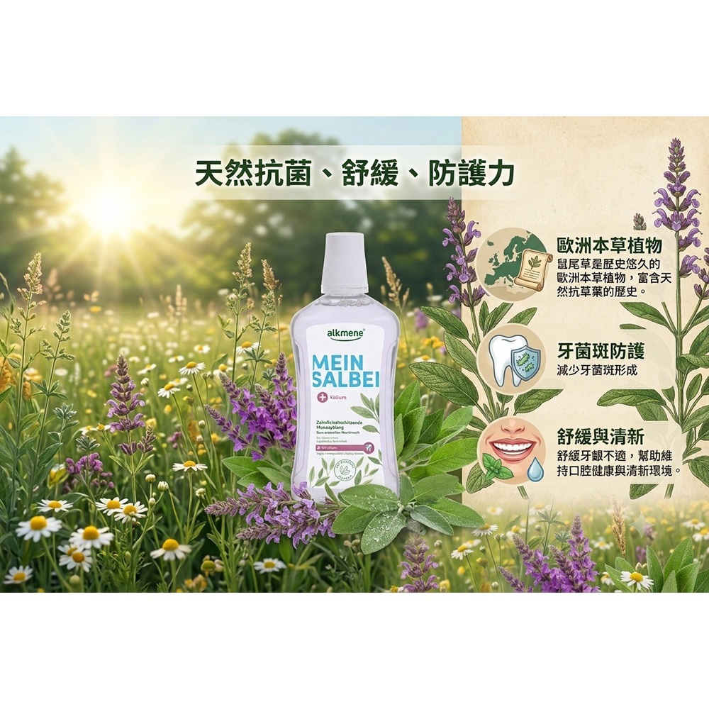 珍朵絲特/德國alkmene牙齒保健2入組(齒齦保健龍血修護牙膏+鼠尾草漱口水 各1)【贈】舒妃 綠咖啡緊緻白皙沐浴*1-細節圖8