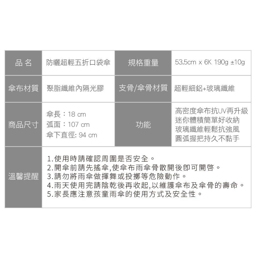 雨之情 防曬超輕五折口袋傘 煙燻灰*1【贈】Mr.Pro羅布先生 超微米清潔慕斯 450ml*1-細節圖8