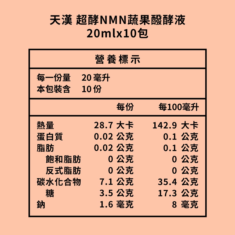 天漢 超酵NMN蔬果醱酵液20mlx10包*1 效期2026.12.11【贈】沛存 蕎麥維生素D3+K2膠囊 60顆*1-細節圖3