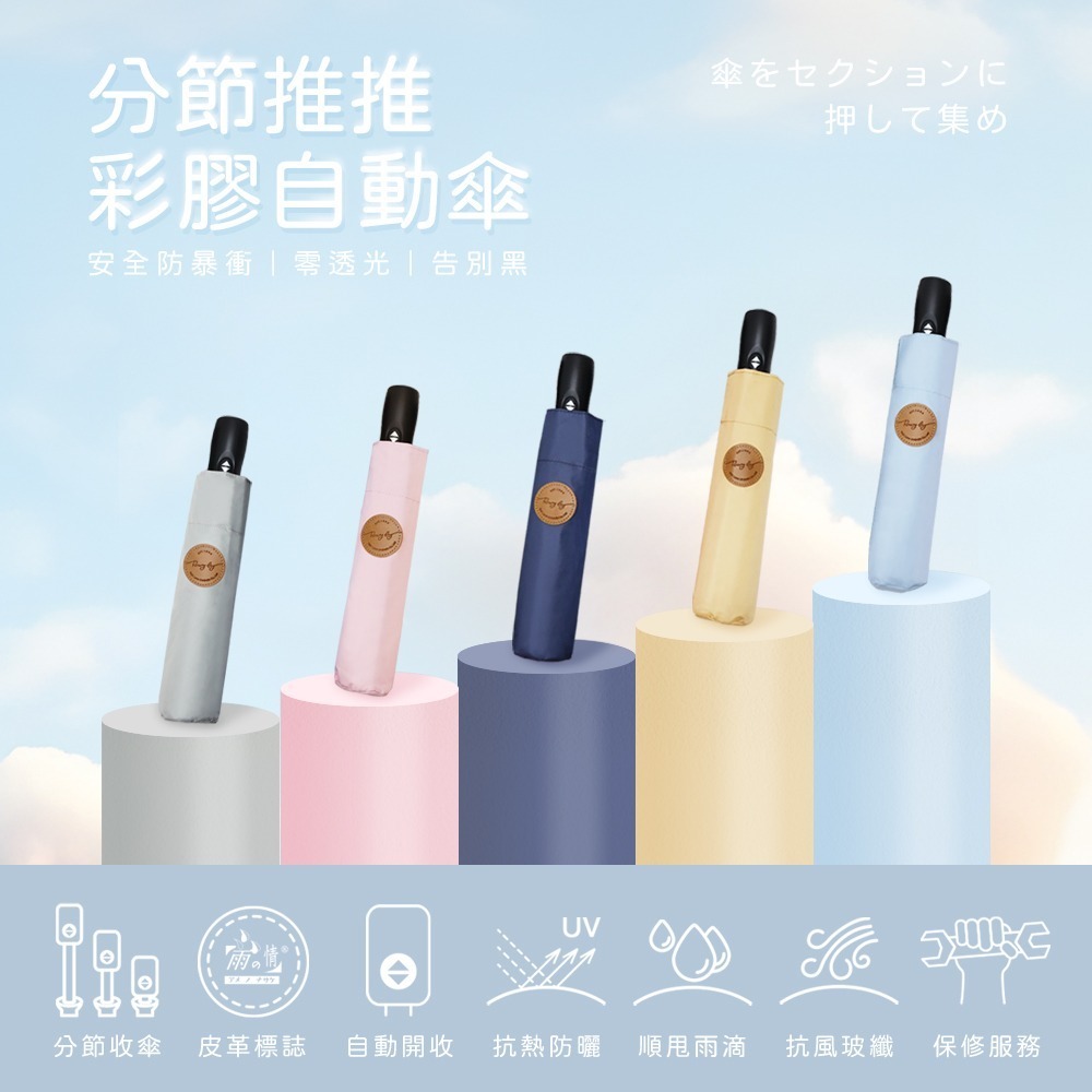 雨之情 分節推推彩膠自動傘*1 (顏色任選)【贈】HSAE 漂浮專利香氛豆130g*2 (暮光森林/沁藍海洋 各1)-細節圖2