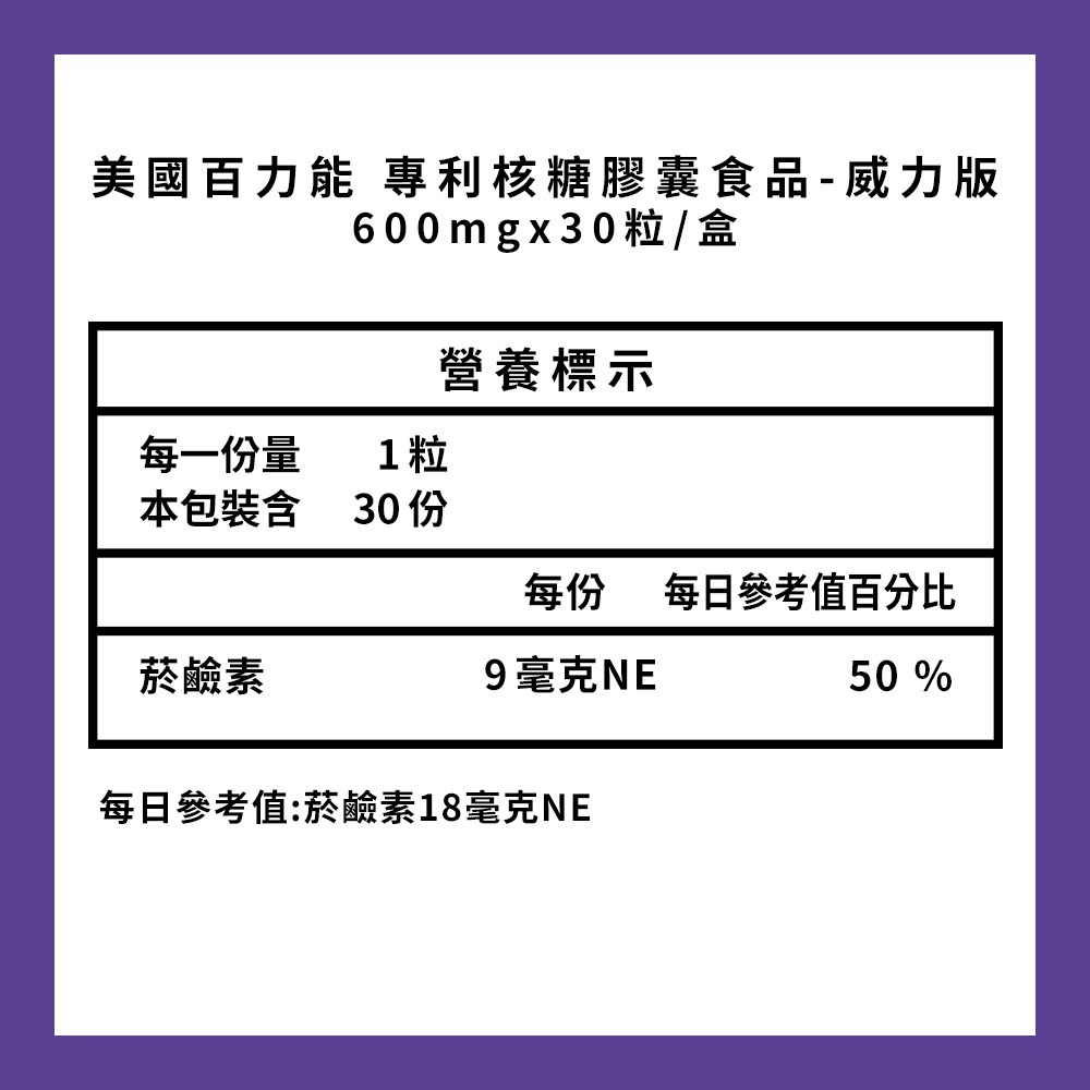美國百力能 專利核糖膠囊食品 威力版 600mgx30粒*1【贈】babaria 洋蔥抗氧化洗髮露700ml*1-細節圖3