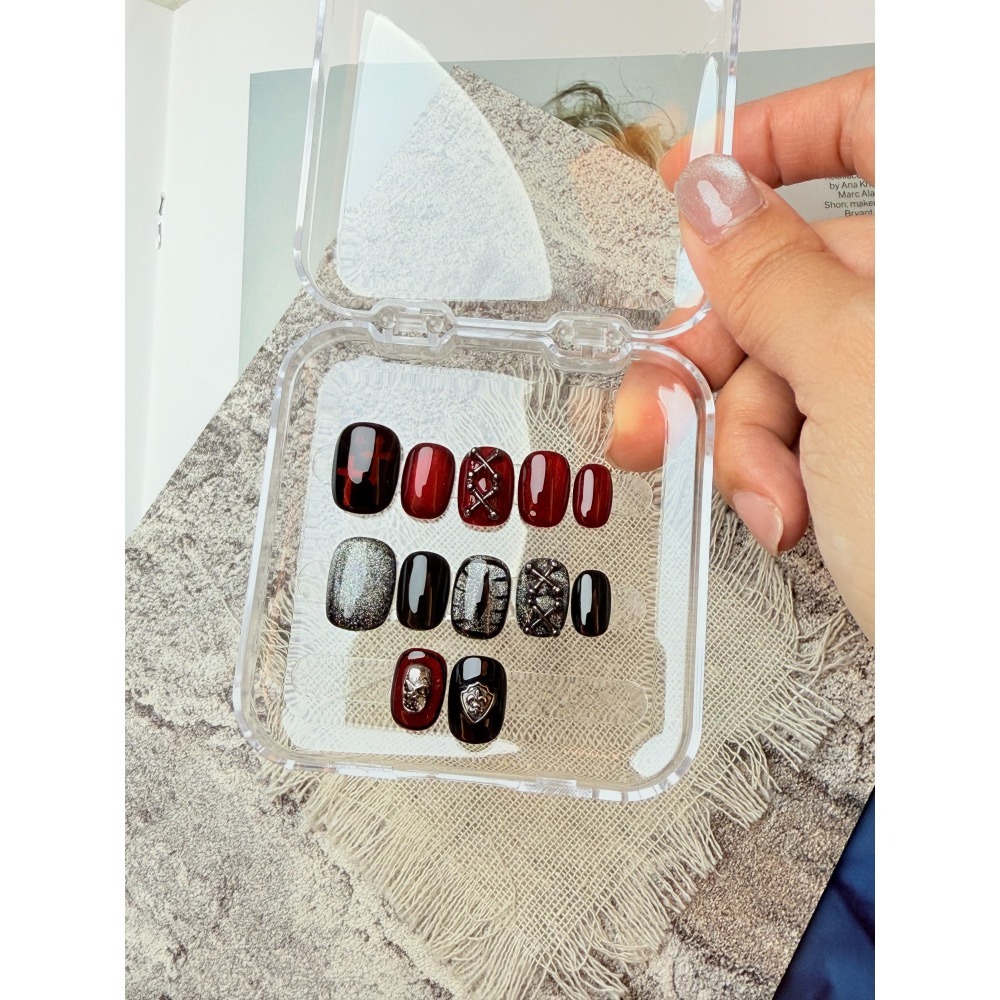 暗黑穿戴甲 手工 貓眼 十字架 惡魔之眼 黑色 紅色 美甲片 附盒 附工具包 無濾鏡 商品實拍 非批發甲 台灣純手工-細節圖2