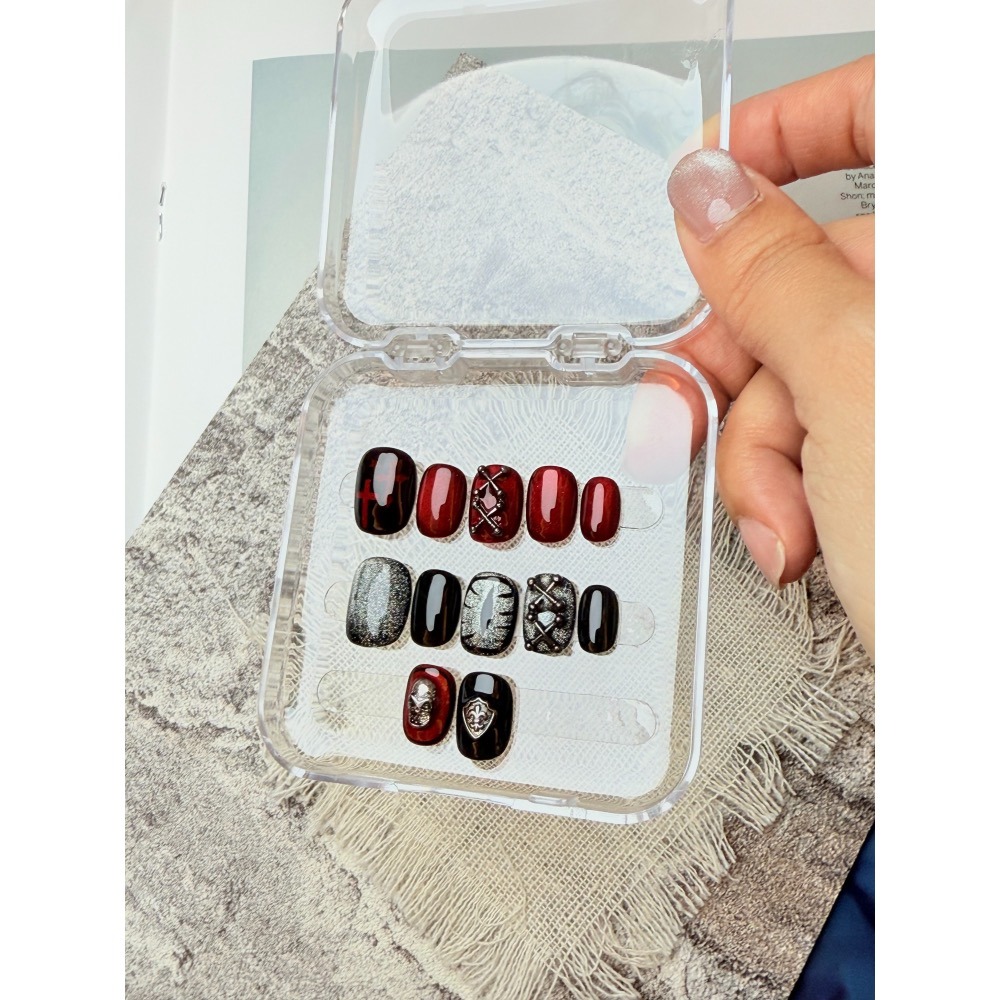 暗黑穿戴甲 手工 貓眼 十字架 惡魔之眼 黑色 紅色 美甲片 附盒 附工具包 無濾鏡 商品實拍 非批發甲 台灣純手工-細節圖3