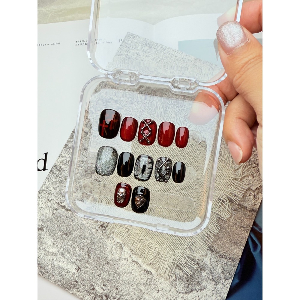 暗黑穿戴甲 手工 貓眼 十字架 惡魔之眼 黑色 紅色 美甲片 附盒 附工具包 無濾鏡 商品實拍 非批發甲 台灣純手工-細節圖4