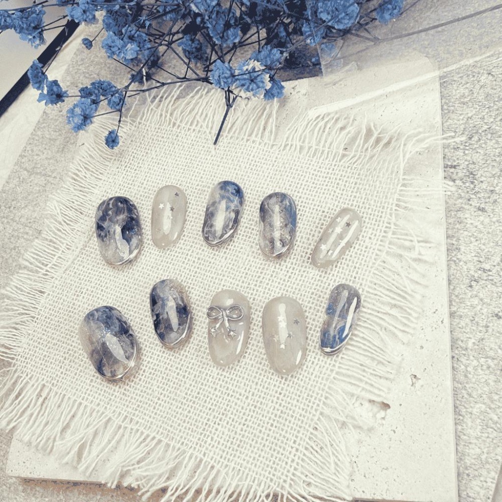 貓眼暈染穿戴甲 高雄手工 台灣 非批發甲 無濾鏡 附盒 附工具包 商品實拍 日式橢圓 鏡面 星星 手工暈染-細節圖3