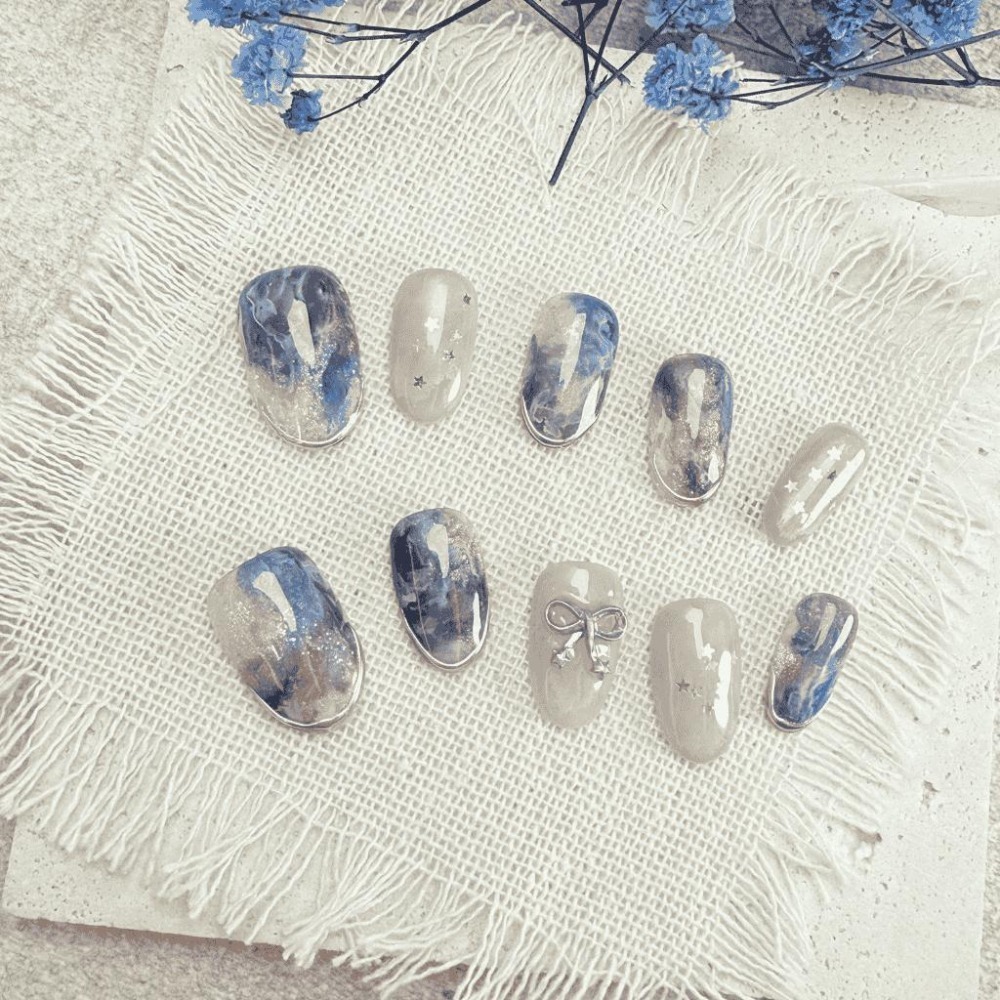 貓眼暈染穿戴甲 高雄手工 台灣 非批發甲 無濾鏡 附盒 附工具包 商品實拍 日式橢圓 鏡面 星星 手工暈染-細節圖4