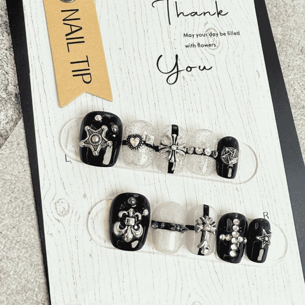 克羅心穿戴甲 手工甲片 美甲 十字架 貓眼 台灣出貨 短甲 船錨 附工具包 附盒 暗黑 朋克 金屬 黑白-細節圖2