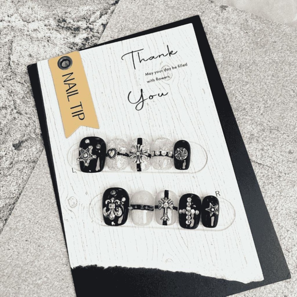 克羅心穿戴甲 手工甲片 美甲 十字架 貓眼 台灣出貨 短甲 船錨 附工具包 附盒 暗黑 朋克 金屬 黑白-細節圖3