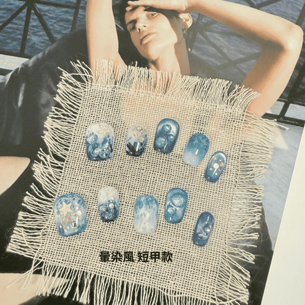 暈染穿戴甲 海洋 海浪 夏天 美甲片 附工具包 附盒 短甲 短短梯 扁平甲 純手工 台灣出貨 商品實拍無濾鏡-細節圖2