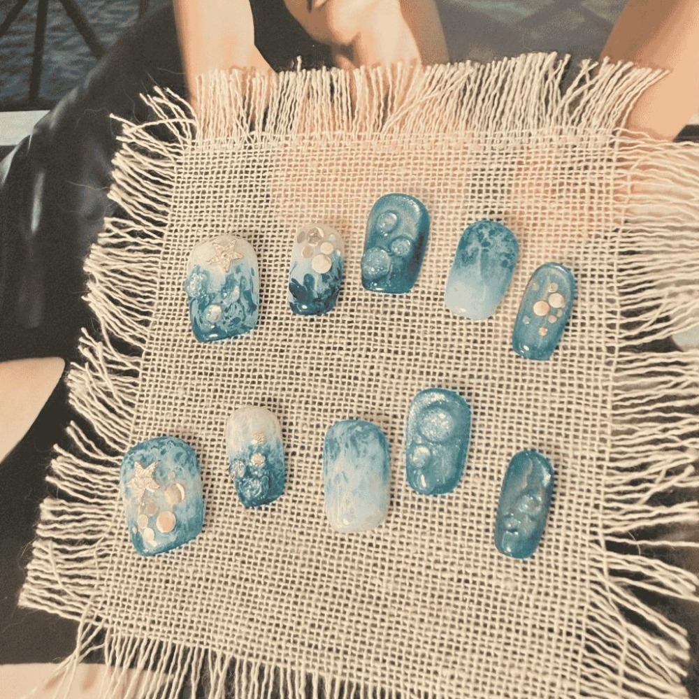 暈染穿戴甲 海洋 海浪 夏天 美甲片 附工具包 附盒 短甲 短短梯 扁平甲 純手工 台灣出貨 商品實拍無濾鏡-細節圖3