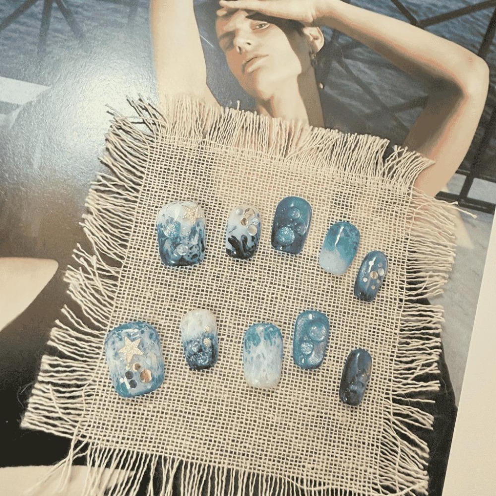 暈染穿戴甲 海洋 海浪 夏天 美甲片 附工具包 附盒 短甲 短短梯 扁平甲 純手工 台灣出貨 商品實拍無濾鏡-細節圖4