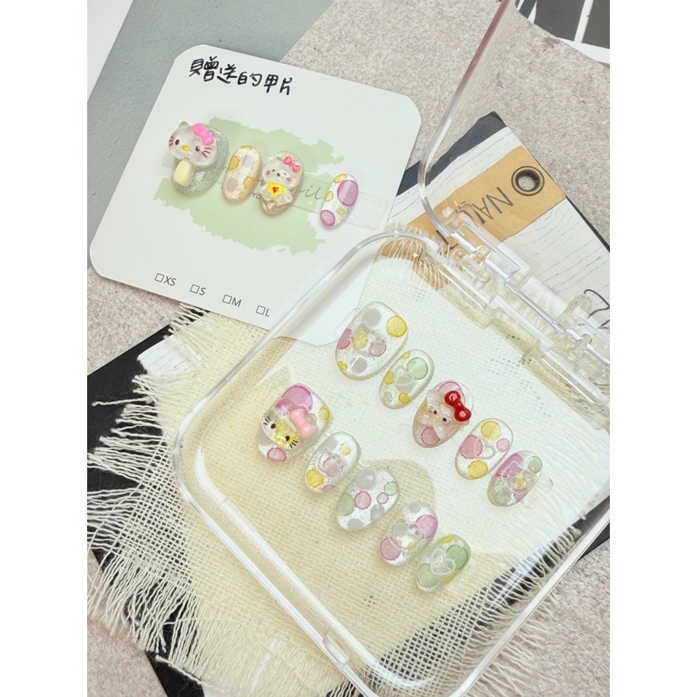 kitty穿戴甲 泡泡美甲 指甲片 夏日彩糖 商品實拍 純手工 可補單片 台灣出貨 附盒 附工具包 白開水貓眼-細節圖2