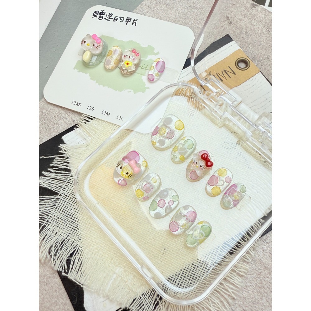 kitty穿戴甲 泡泡美甲 指甲片 夏日彩糖 商品實拍 純手工 可補單片 台灣出貨 附盒 附工具包 白開水貓眼-細節圖3