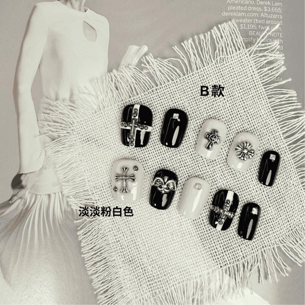 克羅心十字架美甲 穿戴甲 手工穿戴甲 美甲 附工具包 收納盒 新款設計 台灣出貨 無濾鏡拍攝 短甲 黑白 暗黑系 穿搭-細節圖3